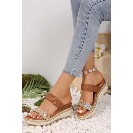 Gold Braided Dual Band PU Leather Wedge Slippers