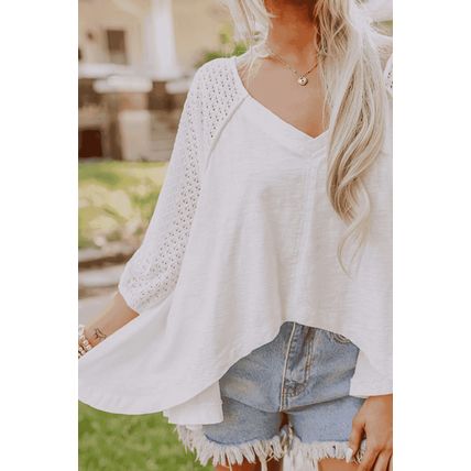 White Eyelet Patchwork High Low Hem V Neck Oversized Top