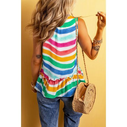 Rose Red Rainbow Stripes Ruffled Hem Drawstring V Neck Tank Top