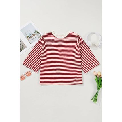 Red Stripe Bowknot Cutout Back Drop Shoulder Wide Bracelet Sleeve Loose Tee