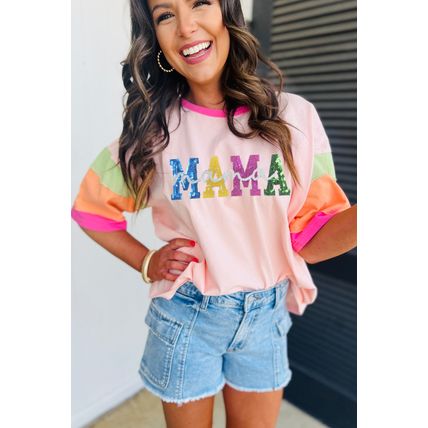 Pink Sequin MAMA Letter Graphic Color Block Patchwork Sleeve Tee