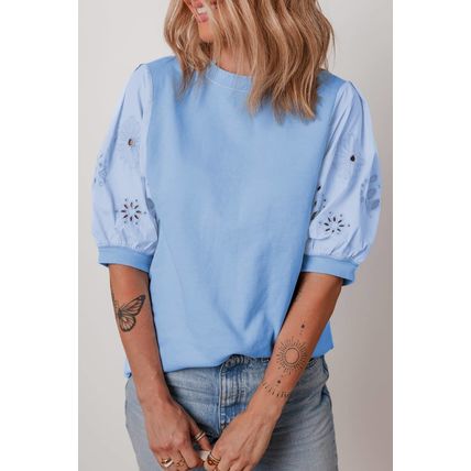 Beau Blue Eyelet Flower Embroidered Puff Short Sleeve Patchwork Crew Neck Blouse