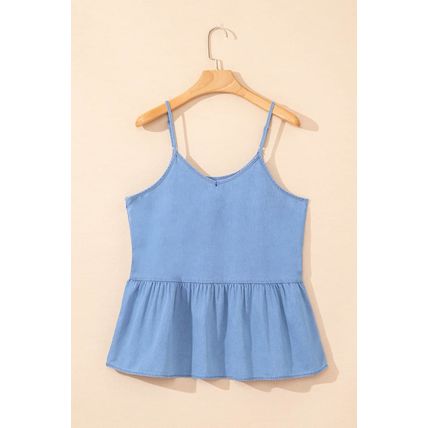 Sky Blue Casual Ruffled Spaghetti Straps Denim Tank Top
