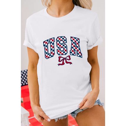 White Checkered USA Graphic Casual Tee