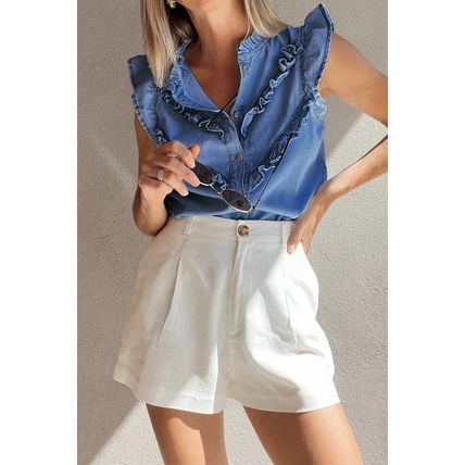 Sky Blue Mineral Wash Frilled Button Up Denim Shirt