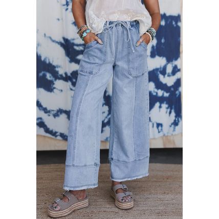 Beau Blue Drawstring Seam Detail Raw Hem Wide Leg Denim Pants