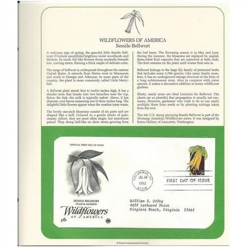 WILDFLOWERS OF AMERICA : BELLWORT ' OFFICIAL FIRST DAY of ISSUE ' (1992)