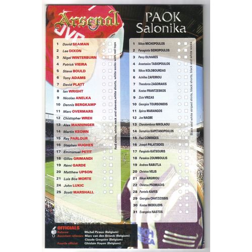 Arsenal v Paok Salonika 1997/1998 Football Programme UEFA Cup
