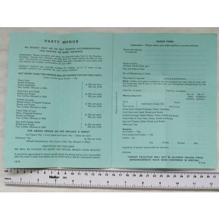 1974 leaflet North of England Zoological Society Chester Party Menus