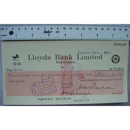 1966 cheque Lloyds Bank, Dorchester - H. M. Lineham, Dorchester Typesetting