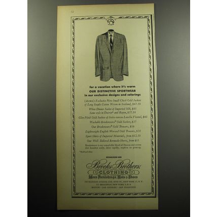 1957 Brooks Brothers Clothing Ad - For a vacation where it's warm