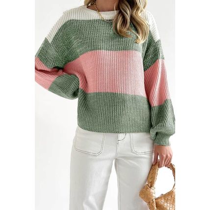 Green Colorblock Drop Shoulder Pullover Loose Sweater