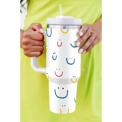 White Smiling Face Print Handle Vacuum Cup 1200ml