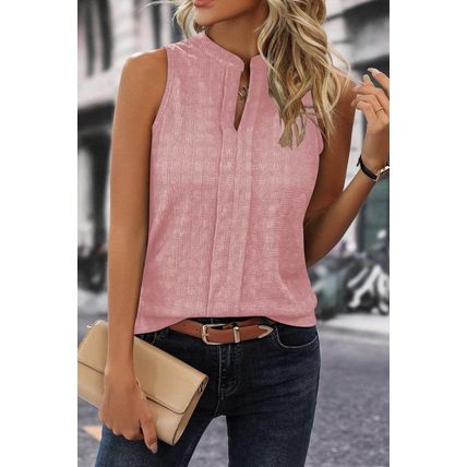 Pink Lattice Textured Split Neck Tank Top