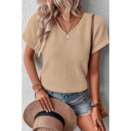 Oatmeal Textured Knit Button Back Cuffed Sleeve Tee