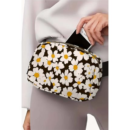 Black Daisy Printed Buckle Strap Crossbody Bag