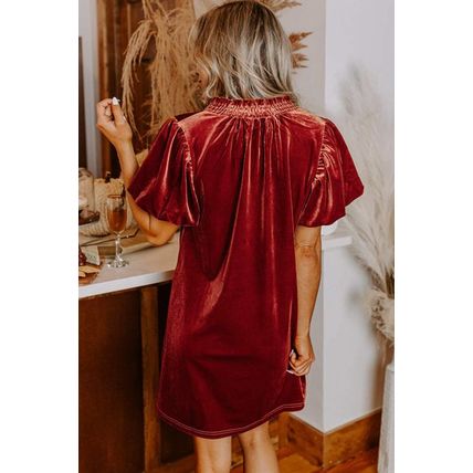 Cinnamon Velvet Smocked Neckline Puff Sleeve Shift Mini Dress