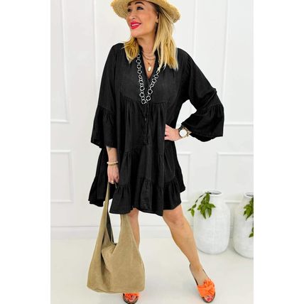 Black Chambray Ruffled 3/4 Sleeve Tiered Split V Neck Mini Dress