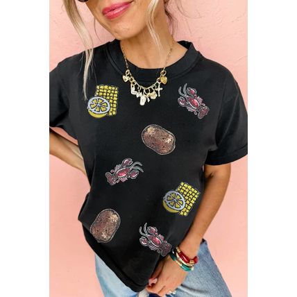 Black Sequin Crawfish Potato Lemon Corn Graphic Crewneck T Shirt