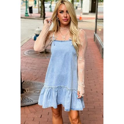 Beau Blue Bow Detail Spaghetti Straps Ruffle Hem Denim Short Dress