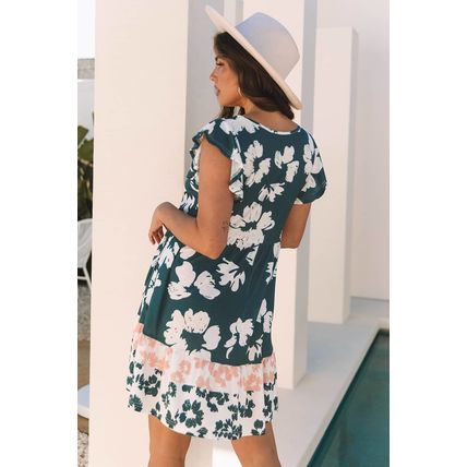 Green Floral Print Ruffle Sleeve Empire Waist Mini Dress