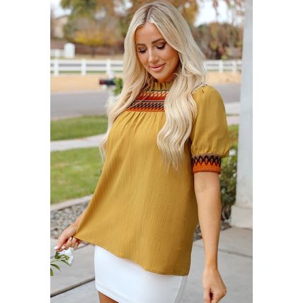 Mustard Geometric Short Puff Sleeve Frilled Collar Blouse