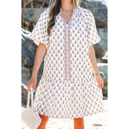Pink Floral Print Bubble Sleeve Neck Tie Ruffled Dress