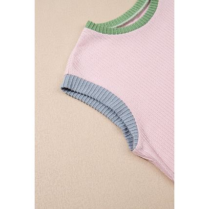 Pink Color Block Corded Knit Crew Neck Tee