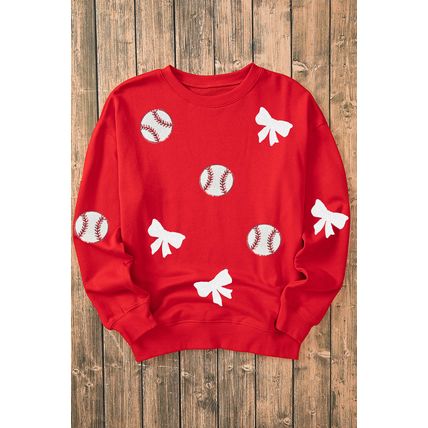 Red Sequin Baseball Bow Patched Pattern Game Day Pullover Sweatshirt