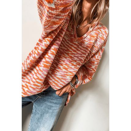 Orange Vibrant Abstract Print Drop Shoulder V Neck Tunic Oversized Sweater
