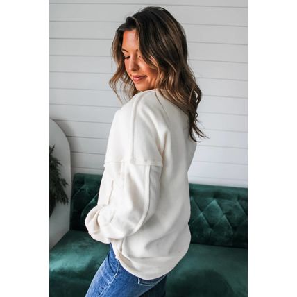 White Exposed Seam Chest Pocket Knit Pullover Sweatshirt