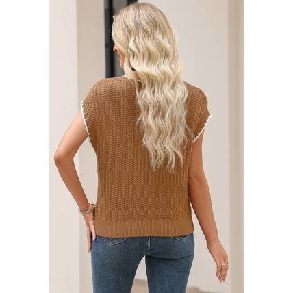 Camel Contrast Trim Boxy Fit Knit Short Sleeve Sweater Top
