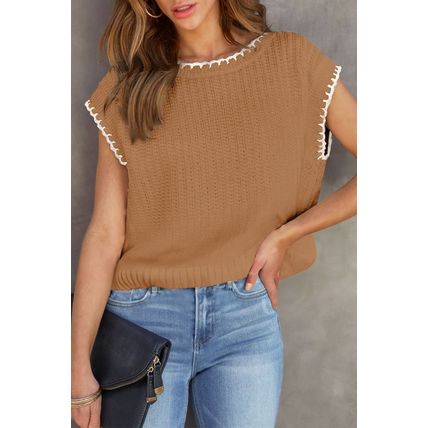 Camel Contrast Trim Boxy Fit Knit Short Sleeve Sweater Top
