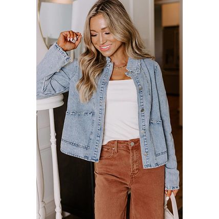 Myosotis Scallop Trim Collar Patched Pocket Button Up Denim Jacket