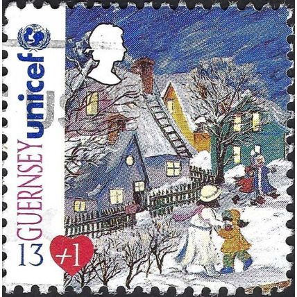 GUERNSEY, CHRISTMAS, UNICEF, Evening Snowfall, blue 1995, 13+1p