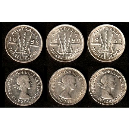Australia Three Pence 1958 1959 1963 Used Coins 3 x 3d Wheatsheaf QE II