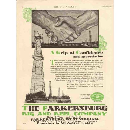 PARKERSBURG RIG REEL COMPANY 1930 Grip Confidence oilfield vintage ad