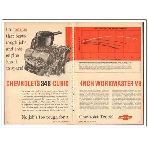 CHEVROLET 1959 torque 348 CI Workmaster V8 truck engine vintage ad