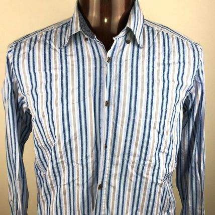 Bugatchi Uomo Casual Dress Shirt Lrg Blue/Beige Stripes