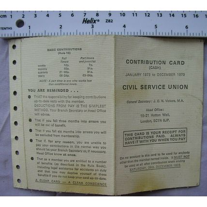 1973 contribution card Civil Service Union, G. F. Brawn, Bodnant House, Flint