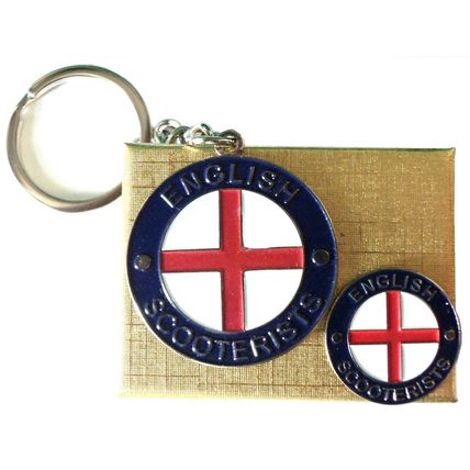 Gift Boxed English Scooterist Metal Keyring & Enamel Badge Set MOD Scooter Rider