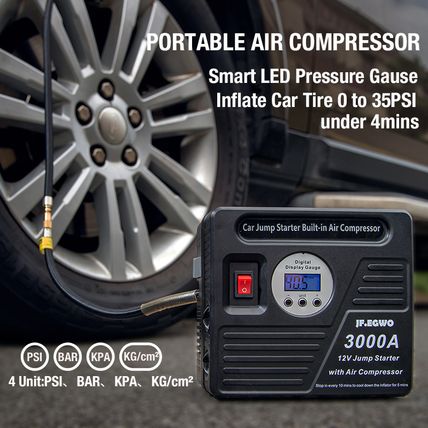 JF.EGWO 3000A Car Battery Jump Starter 150PSI Air Compressor 24000mAh Power Bank