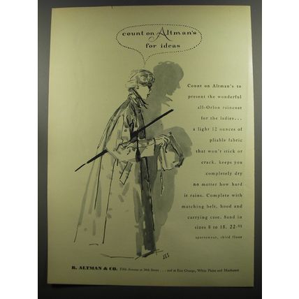 1953 B. Altman Raincoat Ad - Count on Altman's for ideas