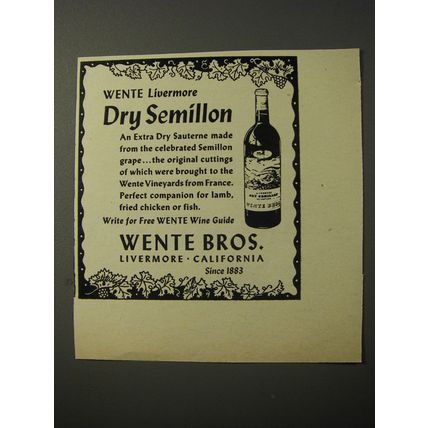 1953 Wente Bros. Livermore Dry Semillon Wine Advertisement