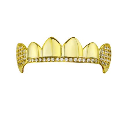 Hip Hop Grills Fangs Top Bottom Set 5A+ CZ 18K Gold Silver Plated Teeth Grillz