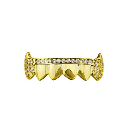 Hip Hop Grills Fangs Top Bottom Set 5A+ CZ 18K Gold Silver Plated Teeth Grillz