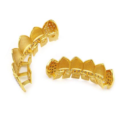 Hip Hop Grills Fangs Top Bottom Set 5A+ CZ 18K Gold Silver Plated Teeth Grillz