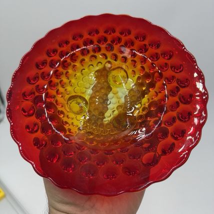Vintage Fenton Art Glass AMBERINA Hobnail Footed Dish Bowl 7” Red/Orange