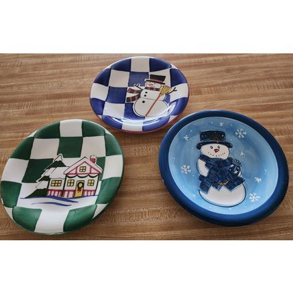 Set of 3 Christmas Holiday Heavy Plates Snowmen & Winter House