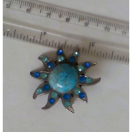 Peking Glass Brooch Blue Star Cabochon with Blue Crystal Stones Vintage Pin